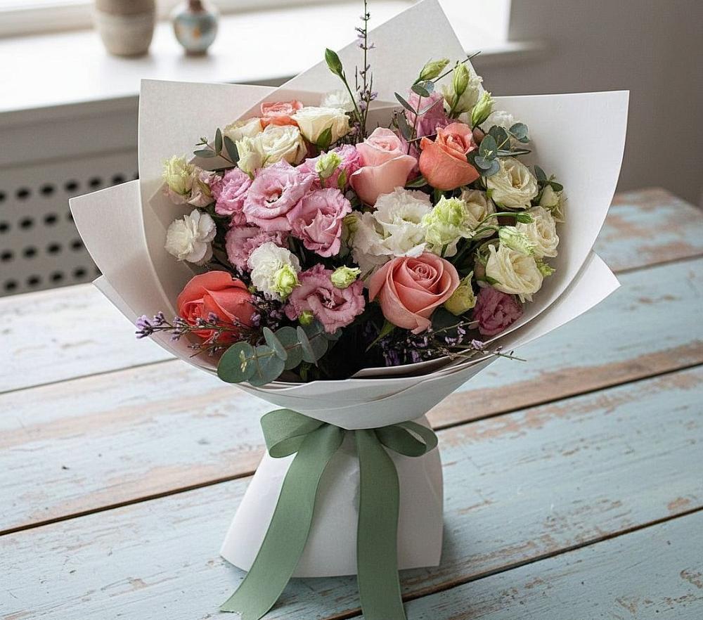 Букет цветов из: Розы, Лизиантусы и Гвоздики в Старой Купавне