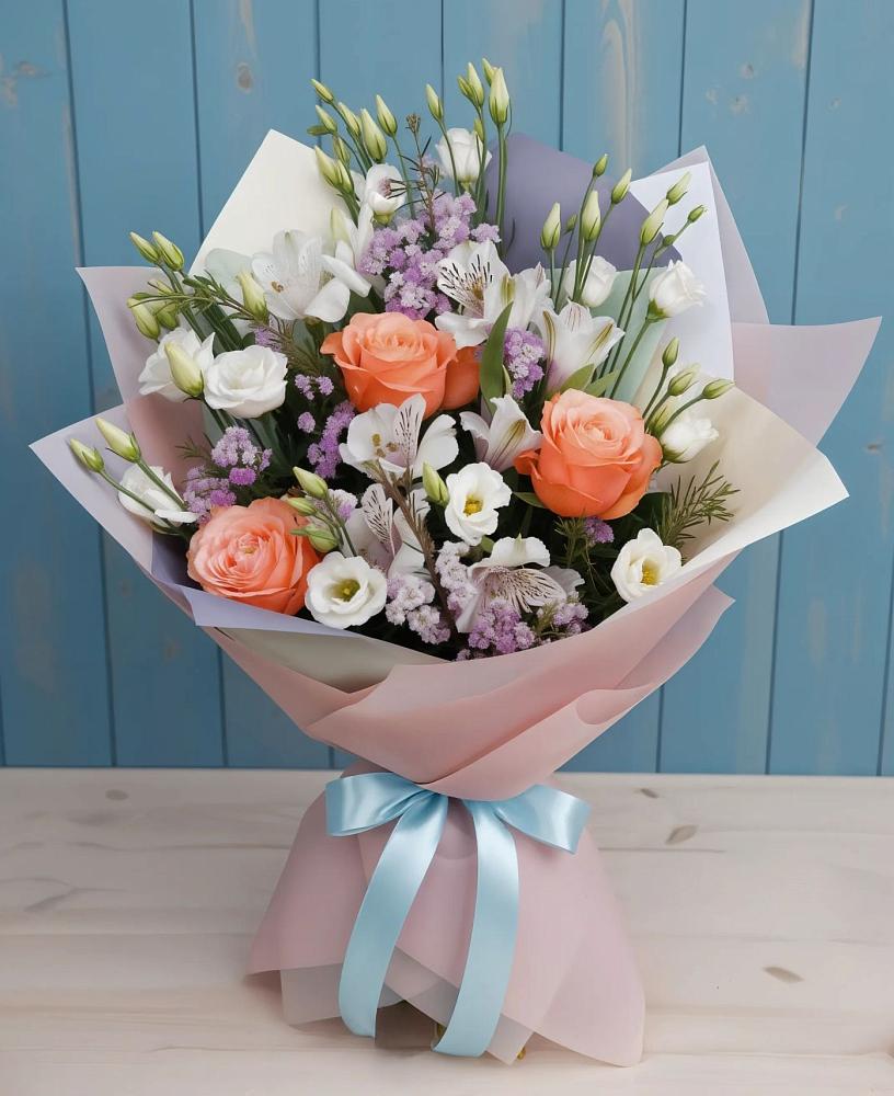 Букет цветов из: Лизиантусы, Розы, Альстромерии и Гипсофила в Старой Купавне